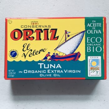 Image of the front of a package of Ortiz Yellowfin Tuna in Organic Extra Virgin Olive Oil