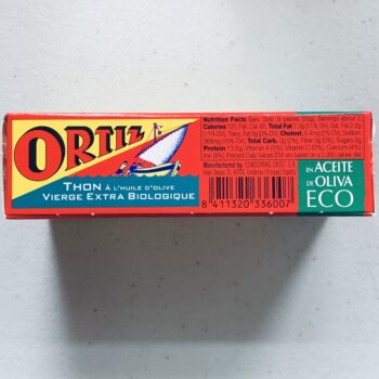 Image of the side panel of a package of Ortiz Yellowfin Tuna in Organic Extra Virgin Olive Oil