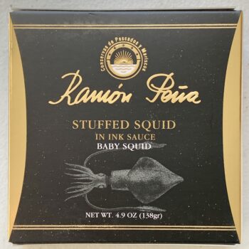 Image of the front of a package of Ramón Peña Stuffed Squid in Ink Sauce 6/8, Gold Line
