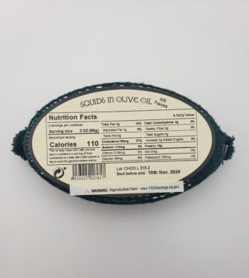 Image of conservas de Cambados squid in olive oil 6/8 back of tin label