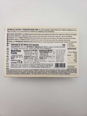 Image of Espinaler premium mussels 6/8 back label