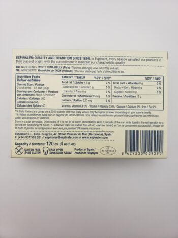 Image of Espinaler premium white tuna belly back label