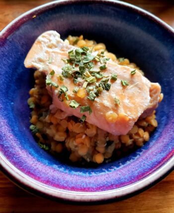 Image of Fish Dish: Salmon, Red Lentil, and Chive Dish