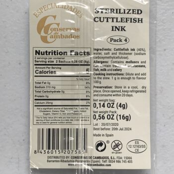 Image of the front of a package of Conservas de Cambados Squid Ink (Tina de Calamar), 4-pack of 4g packets