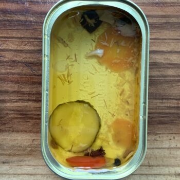 Image of an empty tin of Nuri Spiced Mackerel Fillets in Olive Oil