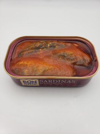 Image of bon appetit sardines with hot tomato sauce opened tin