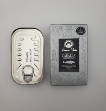 Image of Ramon Pena Smoked Mackerel Silver line open box with tin