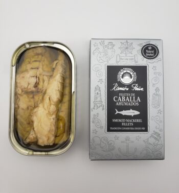 Image of Ramon Pena Smoked Mackerel Silver line open tin with box