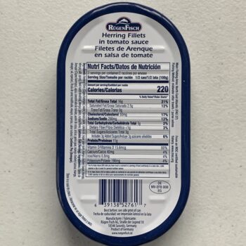 Image of the back of a tin of Rügen Fisch Herring Fillets in Tomato Sauce