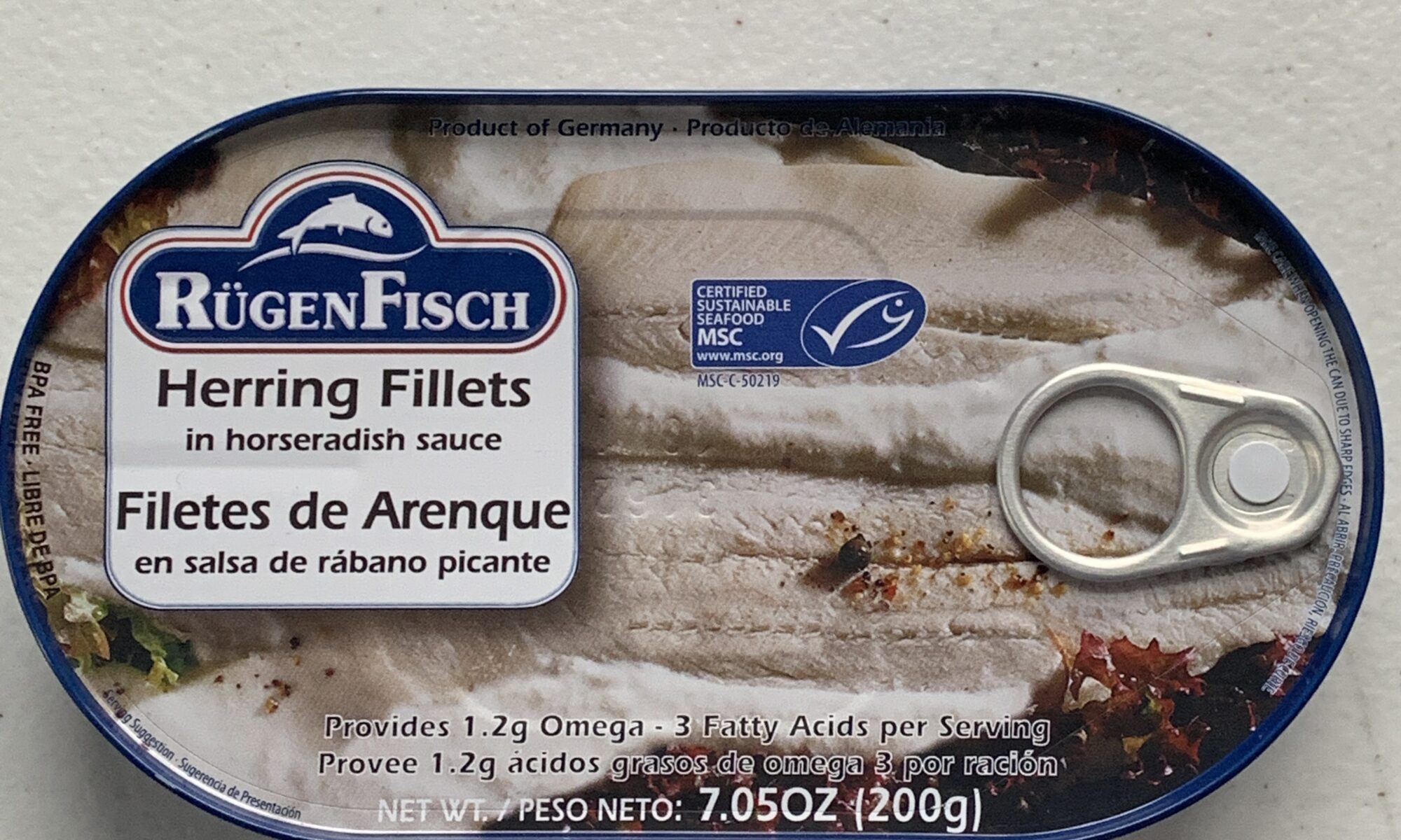 Image of the front of a tin of Rügen Fisch Herring Fillets in Horseradish Sauce
