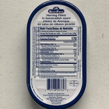 Image of the back of a tin of Rügen Fisch Herring Fillets in Horseradish Sauce