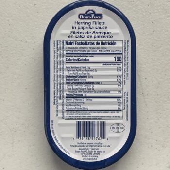 Image of the back of a tin of Rügen Fisch Herring Fillets in Paprika Sauce