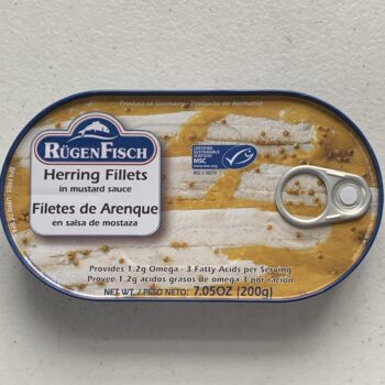 Image of the front of a tin of Rügen Fisch Herring Fillets in Mustard Sauce