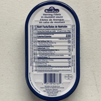 Image of the back of a tin of Rügen Fisch Herring Fillets in Mustard Sauce