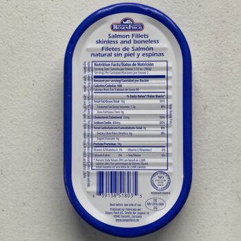 Image of the back of a tin of Rügen Fisch Salmon Fillets (Skinless and Boneless) in Water