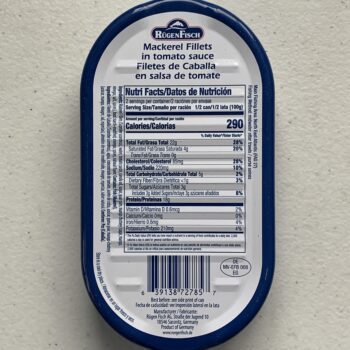 Image of the back of a tin of Rügen Fisch Mackerel Fillets in Tomato Sauce