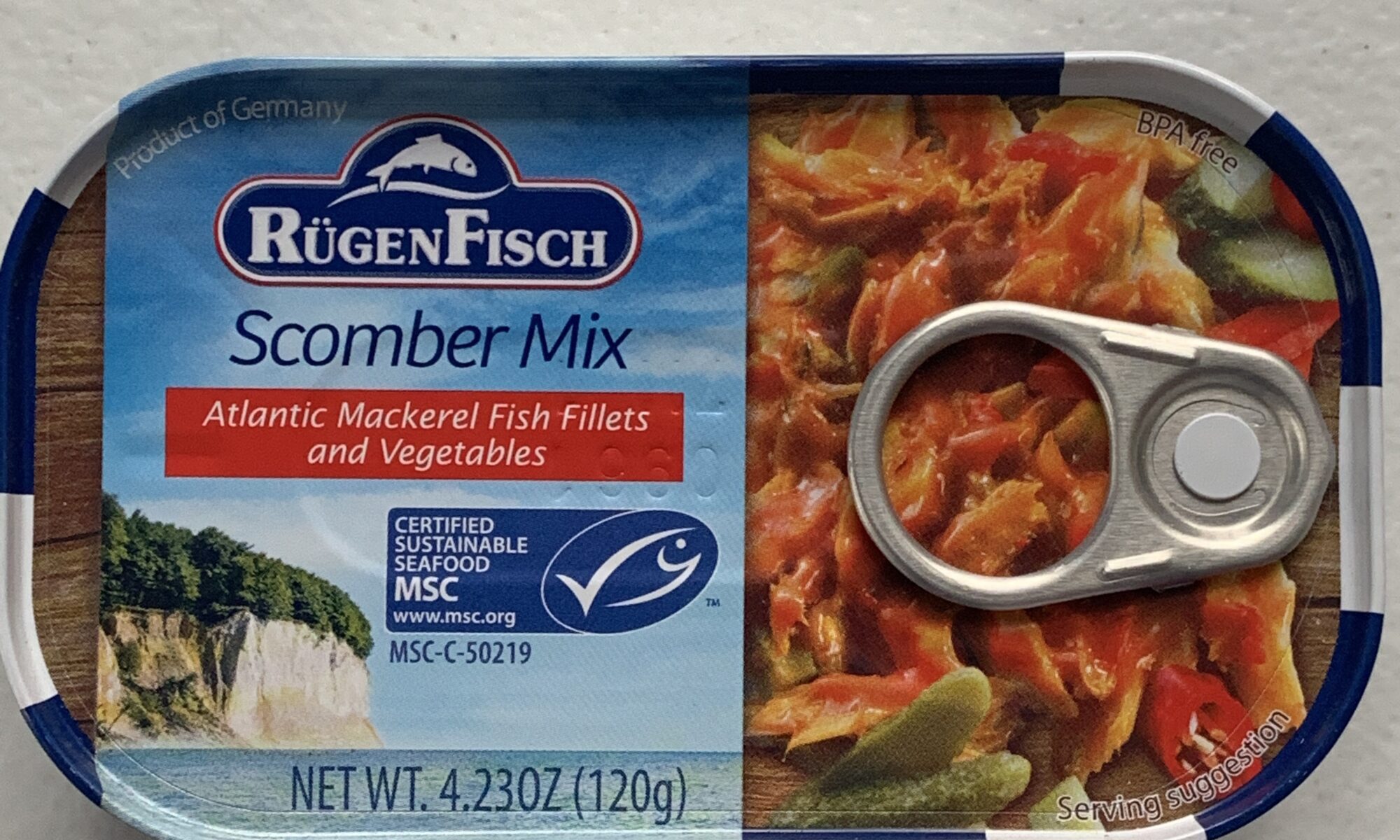 Image of the front of a tin of Rügen Fisch Scomber Mix (Mackerel and Vegetables)