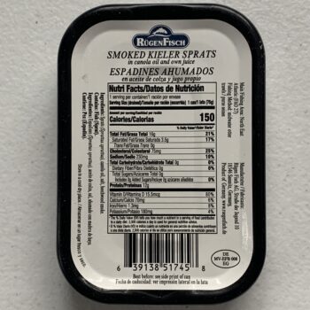 Image of the back of a tin of Rügen Fisch Smoked Kieler Sprats