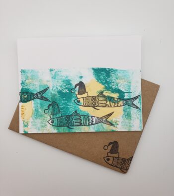 Image of santa sardine greeting cards hand printed