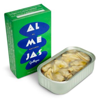 Image of the front of a package and an open tin of Don Gastronom Galician Clams in Brine