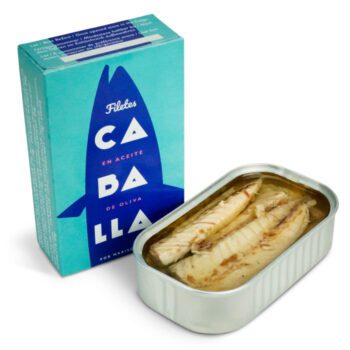 Image of the front of a package and an open tin of Don Gastronom Mackerel Fillets in Olive Oil 4/6
