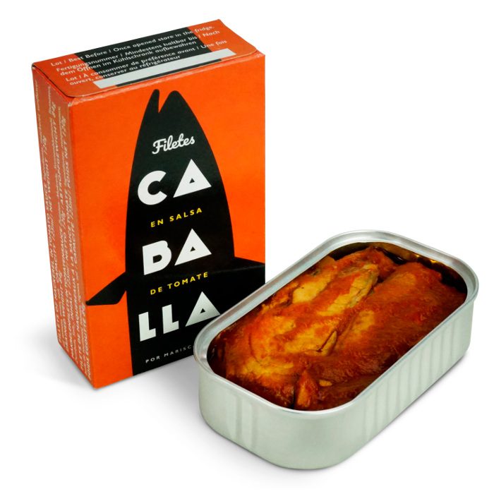 Image of the front of a package and an open tin of Don Gastronom Mackerel Fillets in Tomato Sauce 4/6