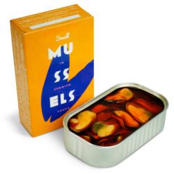 Image of the front of a package and an open tin of Don Gastronom Fried Small Mussels in Escabeche 12/16