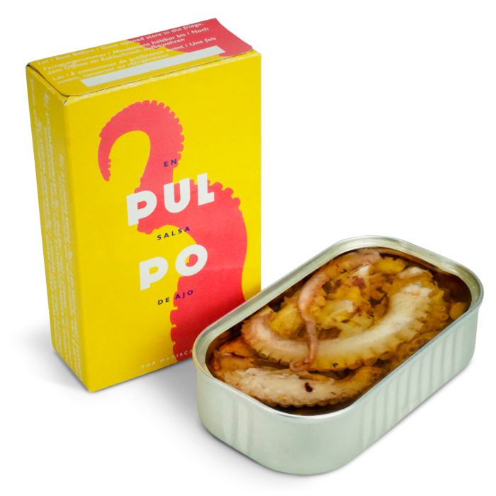 Image of the front of a package and an open tin of Don Gastronom Octopus in Garlic Sauce