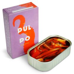 Image of the front of a package and the contents of a tin of Don Gastronom Octopus in Spiced Sunflower Oil