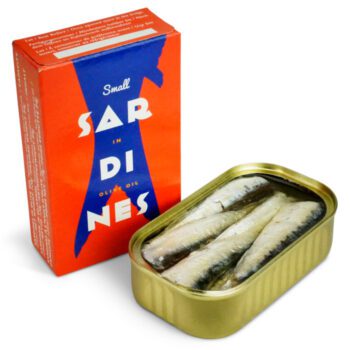 Image of the front of a package and an open tin of Don Gastronom Small Sardines in Olive Oil 10/12