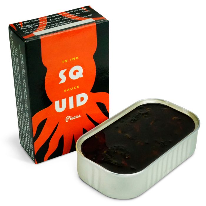 Image of the front of a package and an open tin of Don Gastronom Squid Pieces in Ink Sauce