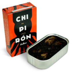 Image of the front of a package and an open tin of Don Gastronom Whole Stuffed Squids in Ink Sauce 4/6