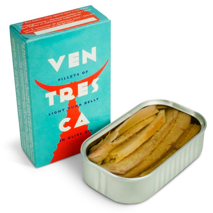 Image of the front of a package and an open tin of Don Gastronom Yellowfin Tuna Ventresca in Olive Oil