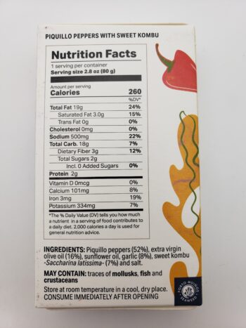 Image of Porto Muinos piquillo peppers in sweet kombu back label nutritional information