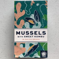 Image of the front of a package of Porto-Muiños Mussels with Sweet Kombu in Salsa Brava