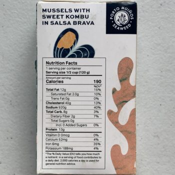 Image of the back of a package of Porto-Muiños Mussels with Sweet Kombu in Salsa Brava