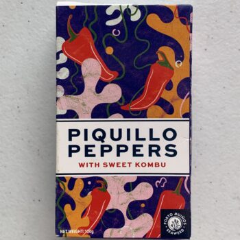 Image of the front of a package of Porto-Muiños Razor Piquillo Peppers with Sweet Kombu