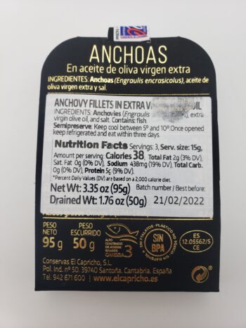 Image of el capricho anchovies back of tin label