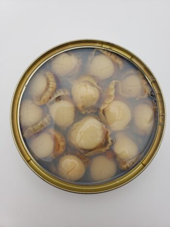 Image of Real Conservas variegated scallops open tin close up