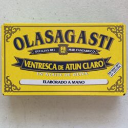 Image of the front of a package of Olasagasti Ventresca de Atun Claro (Yellowfin Tuna Belly) in Olive Oil