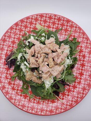 Image of Les Mouettes d'arvour tuna in olive oil on salad with grren goddess dressing