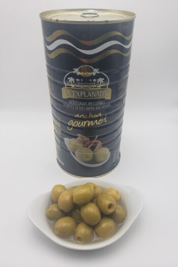 Image of La Explanada anchovy stuffed olives large can with olives in dish