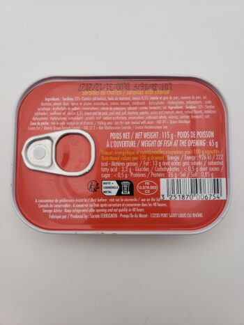 Image of Ferrigno sardines a la camarguaise back label nutritional information