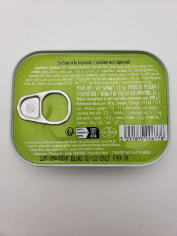 Image of Ferrigno sardines with tapenade back label nutritional information