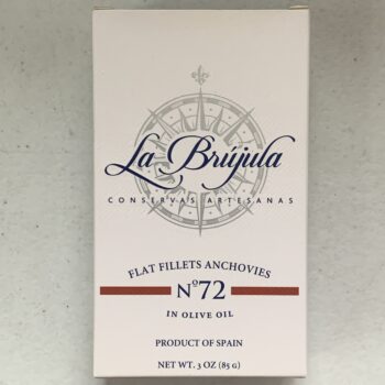 Image of the front of a package of La Brújula Flat Anchovy Fillets in Olive Oil, No. 72