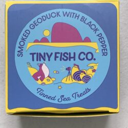 Image of the front of a package of Tiny Fish Co. Smoked Geoduck with Black Pepper