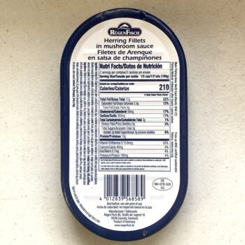 Image of the back of a tin of Rügen Fisch Herring Fillets in Mushroom Sauce