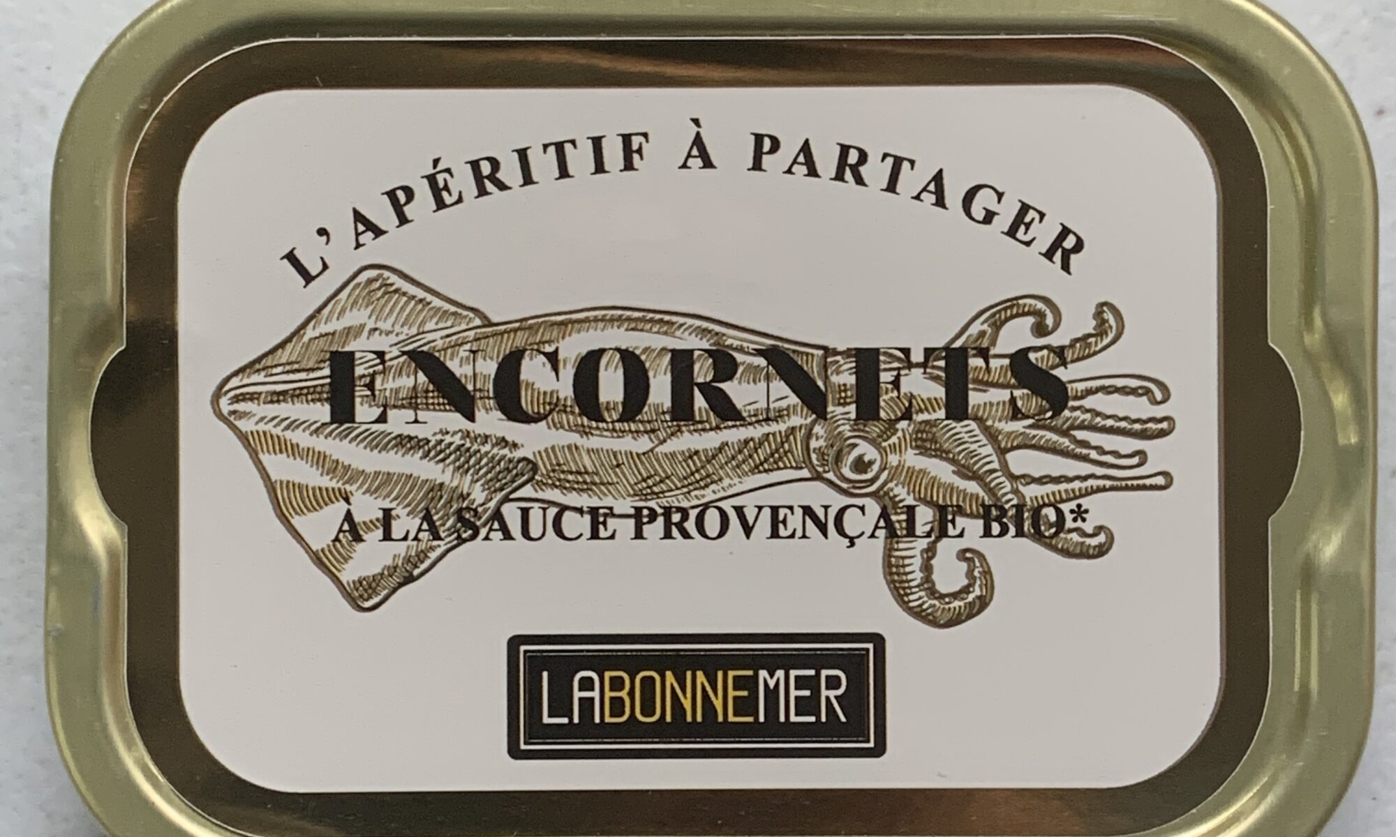 Image of the front of a tin of Ferrigno La Bonne Mer Squid in Organic Provencal Sauce