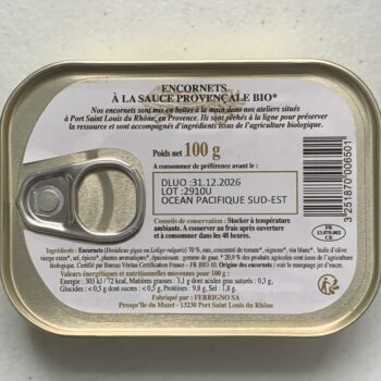 Image of the back of a tin of Ferrigno La Bonne Mer Squid in Organic Provencal Sauce