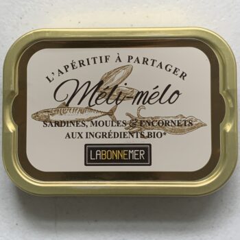 Image of the front of a tin of Ferrigno La Bonne Mer Mixed Seafood (Méli-mélo) in Organic Extra Virgin Olive Oil with Aromatics and Spices